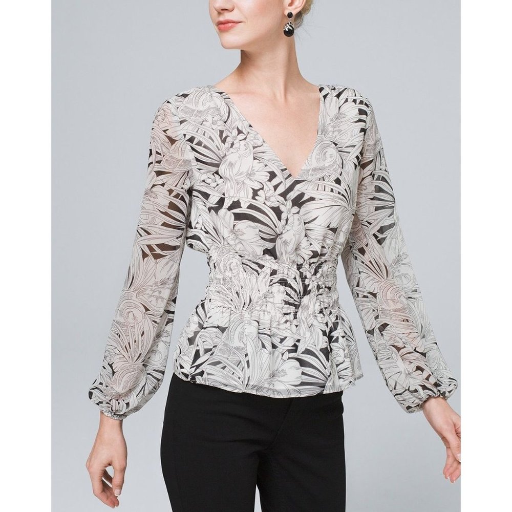 White House Black Market Black and White Floral Blouse